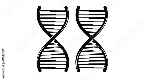 A striking black and white illustration depicts two intertwined dna double helix structures