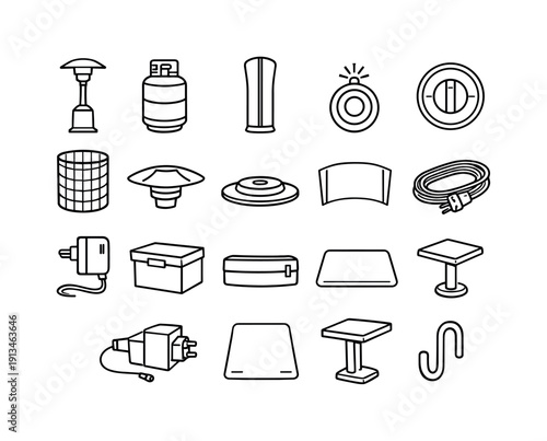 Home outdoor patio heating items: patio heater, gas cylinder, heater cover, ignition switch, control knob, safety grill, reflector hood, mounting base, heat shield, extension cord,