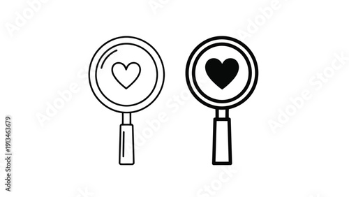 Two magnifying glasses display contrasting heart shapes one white and one black on a white background