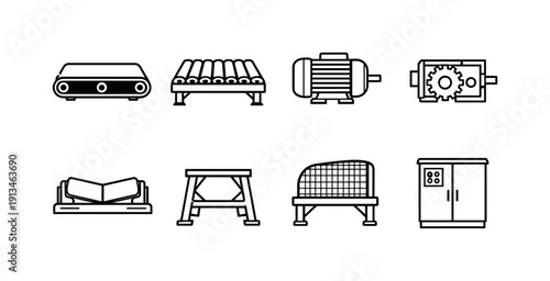 Industrial automated conveyor line: belt conveyor, roller conveyor, drive motor, gearbox, idler roller, support frame, safety guard, control cabinet.