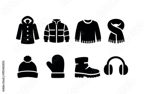 Winter clothing items: coat, jacket, sweater, scarf, beanie, mitten, boot, earmuff.