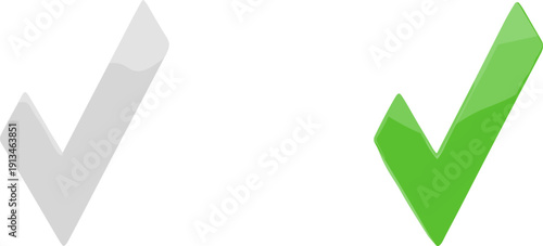 Horizontal pair of glossy grey and green checkmark icons in a polished flat vector style