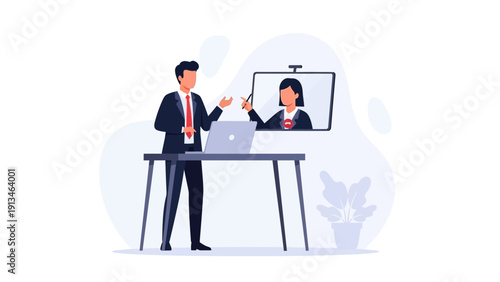 Business meeting with video conference and laptop, flat design