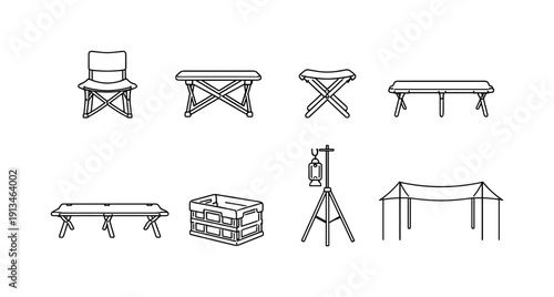 Outdoor camping furniture: folding chair, folding table, camping stool, camping bench, camp bed, storage crate, lantern stand, shade canopy.