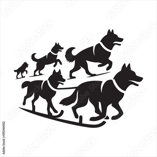  Sled dog team vector silhouette clip art logo design concept illustration