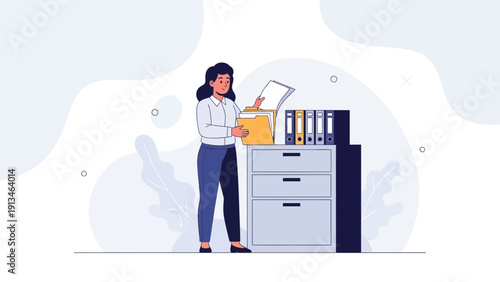 Woman Organizing Files in Filing Cabinet, Business Document Management, Office Workflow
