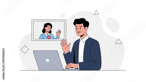 Man Video Calling Woman on Laptop, Online Communication, Business Meeting
