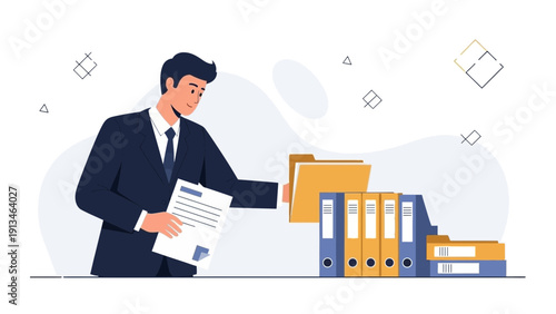 Business Man Organizing Files in Office with Folders and Documents