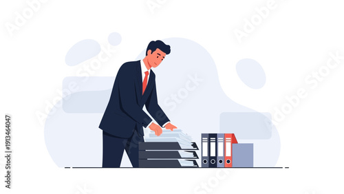 Businessman Organizing Files and Binders in Office