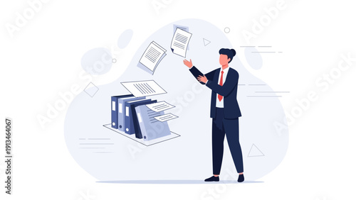 Businessman in Suit Juggling Documents and Files with Binder Stack