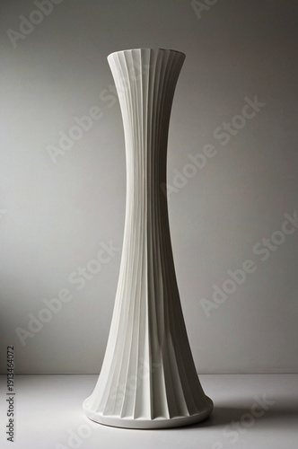 A ceramic sculpture, with a smooth hourglass shape and deep vertical recesses. The matte white ceramic piece widens at the top and bottom, illuminated by studio light against a pure white background.