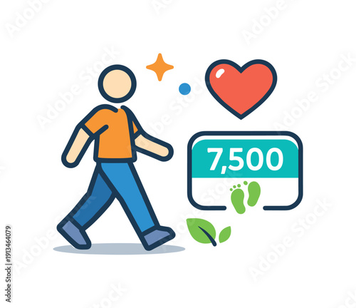 Healthy daily movement and light exercise habits for busy lifestyles, a walking figure paired with a simple step counter and a heart symbolizing gentle activity and wellbeing