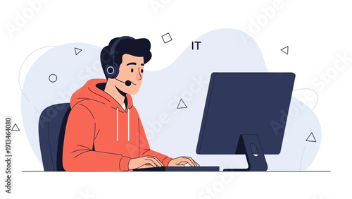 IT Support Specialist Working on Computer with Headset