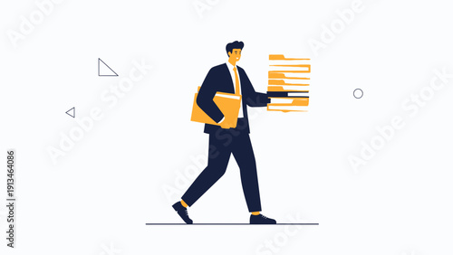 Businessman carrying stack of folders and documents, workload concept