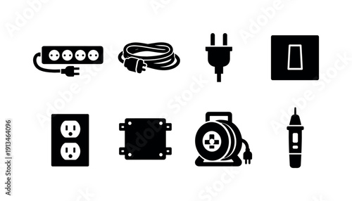 Home electrical accessories: power strip, extension cord, power plug, light switch, outlet cover, junction box, cable reel, voltage tester.