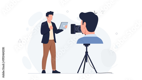 Man filming presenter with tablet on tripod, content creation concept