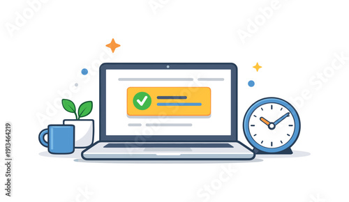 Focused daily productivity and intentional task completion in a modern professional routine emphasizing clarity and efficiency, a minimal desk scene with a laptop paired with a