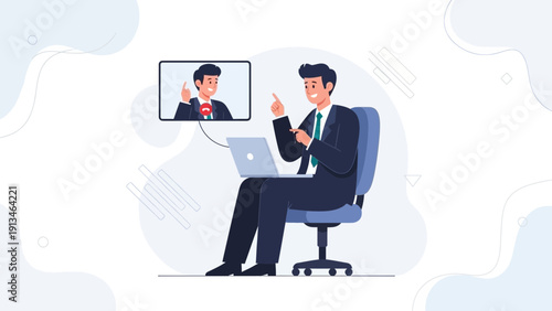 Businessman in video call meeting on laptop, discussing business strategy online