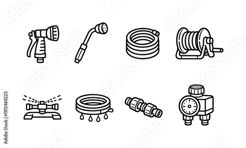 Outdoor garden watering tools: hose spray nozzle, watering wand, garden hose, hose reel, sprinkler head, drip line, quick connector, timer valve.
