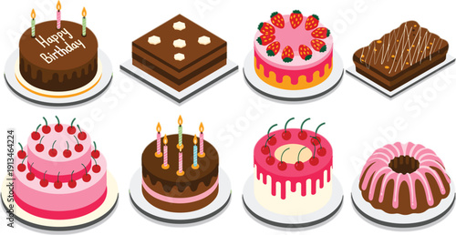 Assorted birthday cakes collection with candles, chocolate layers, strawberry topping and cherry decoration, colorful celebration desserts isolated on white background