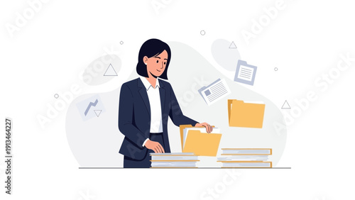 Businesswoman organizing files and documents in office, data management concept