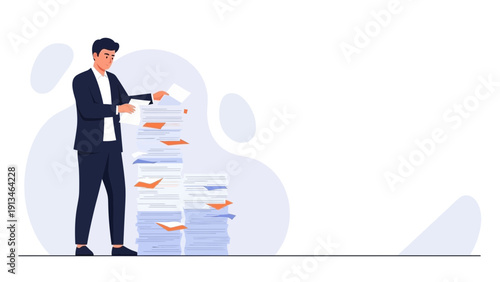 Businessman sorting through huge stack of documents, paperwork overload concept