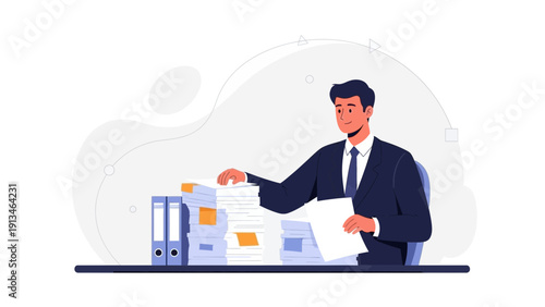 Businessman sorting papers at desk, office work, paperwork and organization concept