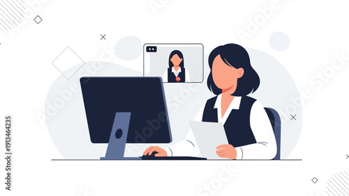 Woman working on computer, video call meeting, online communication