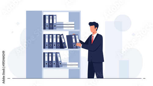 Businessman Organizing Files in Office Storage Cabinet
