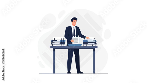 Businessman Sorting Paperwork at Desk, Office Organization Concept