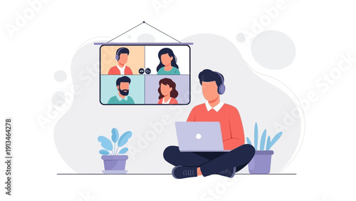 Remote Team Meeting: Man on Laptop with Video Conference Call