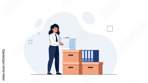 Woman Organizing Paperwork and Files in Office Storage