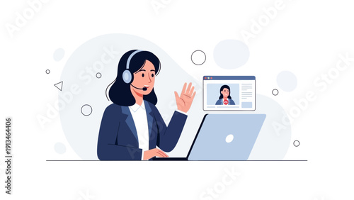 Customer service agent wearing headset, waving hello on video call with client