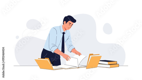Businessman organizing documents and files in office folders, workflow concept