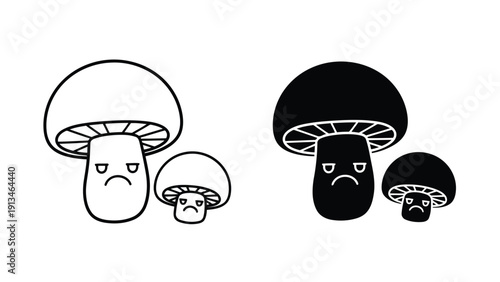 A simple black and white illustration depicts three sad faced mushrooms of varying sizes