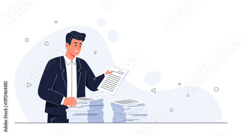 Businessman Reviewing Documents Stacked on Desk
