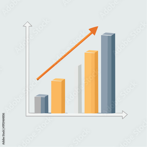 3D business bar chart showing financial market growth with an arrow pointing up as a vector illustration concept of data progress and investment profit success