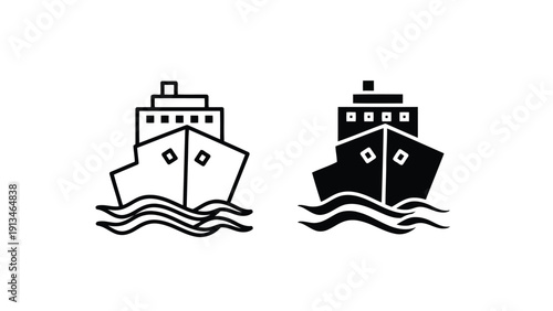 A simple black and white illustration depicting two different views of a passenger ship at sea