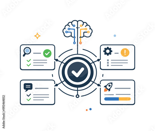 AI agents coordinating complex tasks and workflows for modern digital teams operating at scale, a set of connected task cards guided by a small brain circuit and a single control