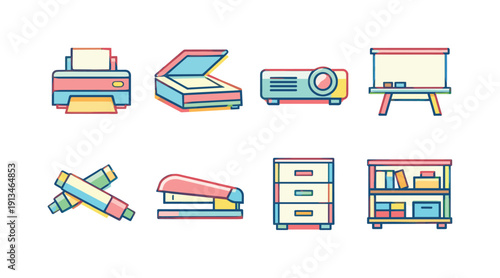 Office Sales Equipment in flat offset style: printer, scanner, projector, whiteboard, marker, stapler, filing cabinet, shelf.