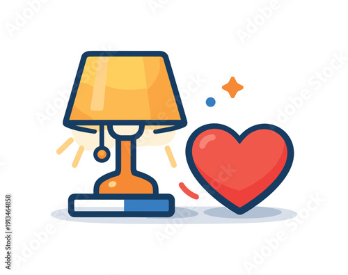 Everyday emotional comfort through a short pause with warm light during quiet home moments, a table lamp paired with a heart icon symbolizing safety and coziness, communicating