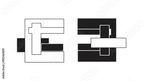 Two abstract geometric shapes resembling stylized letter e s in contrasting black and white