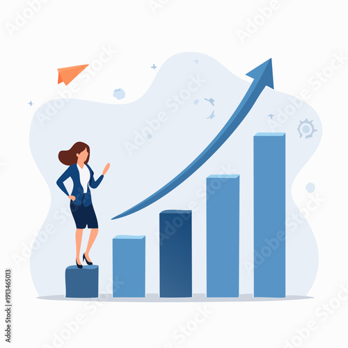 Illustrative depiction of a businesswoman climbing the upward trending business graph with determination and success