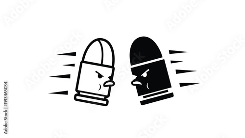 Two anthropomorphic bullets with angry expressions face each other in a black and white illustration