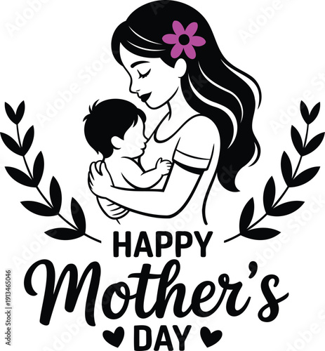 Mother's Day Illustration: A tender illustration depicts a mother cradling her child, capturing the essence of motherhood with loving embrace, celebrating the bond of family and affection.