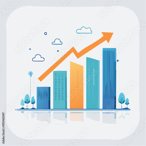 Modern graphic illustrating business growth and urban development, showcasing financial market trends and progress with an optimistic upward trajectory