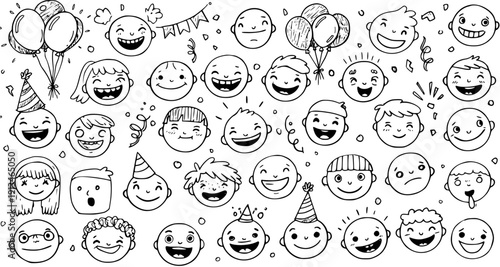 Hand-Drawn Happy Kids Faces, Joyful Children Emotions, and Party Celebrations Collection. Cartoon Doodle Sketch of Smiling Young Boys and Girls.