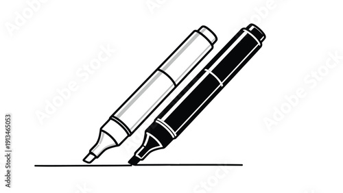 A simple black and white illustration depicts two marker pens resting diagonally on a line