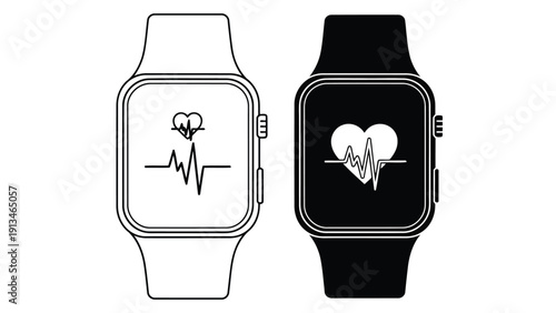 A pair of smartwatches display heart rate monitoring symbols one white one black on a white background