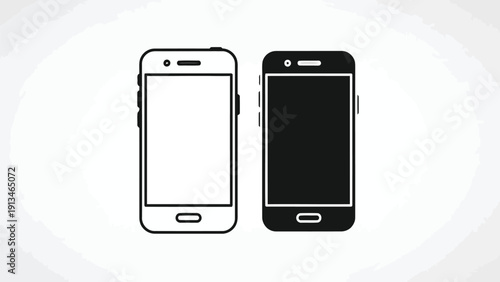 A minimalist depiction showcases two black smartphone silhouettes against a neutral light gray background